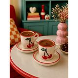 2'li Kiraz Desenli Kahve Fincanı Seti 4 Parça | Atiye Studio | Espresso Türk Kahvesi Fincanı Hediyelik - Beyaz - Krem - Kırmızı
