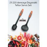 2'Li Kırmızı Yanmaz Yapışmaz Teflon Servis Seti 220 ° Dayanıklı Kevgir & Makarna Kaşığı