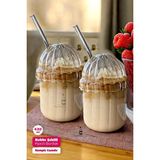 2'li Kübbe Kapaklı Pipetli Bardak Isıya Dayanıklı Eggglass Iskandinav Kahve Sunum Bardağı 430ML Set - 2 Adet - 430 ml