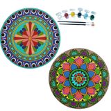 2'li MANDALA Boyama Seti. 20x20 Cm Uv Baskı 6 Akrilik Boya 2 Fırça 3 mm MDF plaka (SET12)