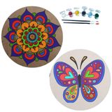 2'li MANDALA Boyama Seti. 20x20 Cm Uv Baskı 6 Akrilik Boya 2 Fırça 3 mm MDF plaka (SET21)