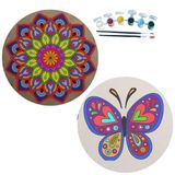 2'li MANDALA Boyama Seti. 20x20 Cm Uv Baskı 6 Akrilik Boya 2 Fırça 3 mm MDF plaka (SET22)