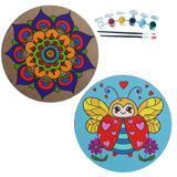 2'li MANDALA Boyama Seti. 20x20 Cm Uv Baskı 6 Akrilik Boya 2 Fırça 3 mm MDF plaka (SET36)