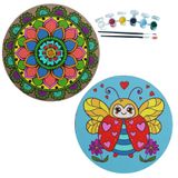 2'li MANDALA Boyama Seti. 20x20 Cm Uv Baskı 6 Akrilik Boya 2 Fırça 3 mm MDF plaka (SET38)