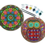 2'li MANDALA Boyama Seti. 20x20 Cm Uv Baskı 6 Akrilik Boya 2 Fırça 3 mm MDF plaka (SET4)