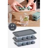 2’Li Mini Silikon Tabanlı Kapaklı Bas Çıkar Buz Kalıbı, 8 Bölmeli Yapışmaz Buzluk 2 Adet Plastik Gri