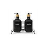 2'li Modern Cam Sabunluk Seti Metal Standlı Siyah Renk Deterjanlık Seti Sıvı Sabunluk