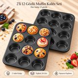2'li Muffin Kalıbı Seti, 12 Gözlü Yapışmaz Kaplamalı Metal Cupcake Kek Tepsisi, Mini Brownie Kurabiye Çörek Tatlı Pişirme Kabı, Yuvarlak Bölmeli Fırın - 001 - Beyaz - 0,5 ml