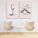 2'li Mutfak Bar Kanvas Tablo Seti - Retro Şarap Temalı Pembe Duvar Dekoru - Coastal Wine Time 2 Parça Tablo (70 x 100 cm)