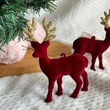 2li Noel Ağacı Süsü, Kadife Kırmızı Geyik, Altın Simli Boynuzlu, 13cm x 8cm, Yılbaşı Dekorasyonu