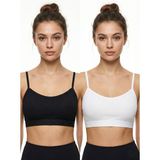 2'li Paket Esnek Fitilli Ribana Crop Atlet - Pamuklu Dokulu Büstiyer Set - Uyku Sütyeni - 90 - 95 - Siyah - Beyaz