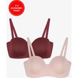2'li Paket - Kadın Dolgusuz Mikro Straplez Sütyen - 80B - Bordo - Ten