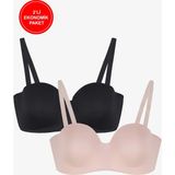 2'li Paket - Kadın Dolgusuz Mikro Straplez Sütyen - 90B - Siyah - Ten
