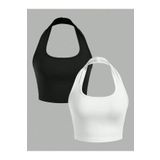 2'li Paket Kare Yaka Siyah Ve Beyaz Renk Boyun Askılı Crop Top Bluz
