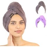 2'li Paket Mikrofiber Saç Havlusu – 2 Düğmeli Saç Kurutma Bonesi – Baş Havlusu - Gri - Lila - 26 x 65 cm