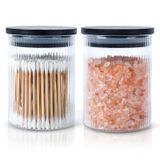 2'li Paket Nervürlü Cam Qtip Tutucu Dispenser Bambu Kapaklı Banyo Kavanozları, Banyo Aksesuarları Depolama Düzenleyici, Çiftlik Evi Banyo Dekoru, Ev Dekoru için Pamuklu Top Pedi Yuvarlak Çubuk Tutucu.