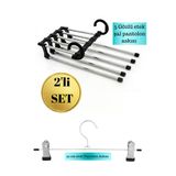 2’Li Pantolon Etek Askısı Seti – 5 Gözlü Çoklu Şal Askısı + 30 Cm Mandallı Metal Askı