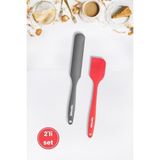 2’li Pasta Spatula Seti, Silikon Yanmaz Yapışmaz Spatula ve Çikolata Krema Reçel Sıvama Bıçağı Seti - Adet - Kırmızı - Gri