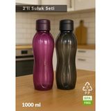 2’li PP-5 Su Şişesi Seti – 1000 ml Sızdırmaz Matara, BPA Free, Ev-İş-Spor İçin Siyah-Mürdüm