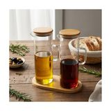 2'li Şeffaf Cam Yağdanlık ve Sirkelik Seti - Bambu Kapaklı ve Özel Standlı Masaüstü Yağlık (190 Ml)