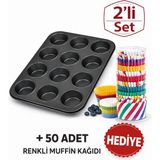 2,li Set - 12 Gözlü Kek Kalıbı + 50 Adet Renkli Muffin Kağıdı Hediye
