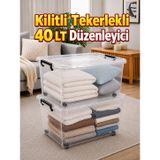 2’li Set 40 LT Kilitli Tekerlekli Saklama Kutusu Şeffaf Düzenleyici Depolama Kutusu