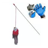 2li Set Ahşap Tüylü Çıngıraklı Kedi Oltası Parmaklı Kıl Tüy Toplama Eldiveni