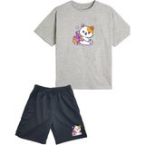 2'li Set Baskılı Kız Çocuk Pamuk Şort Tshirt Takım 5 6 7 8 9 10 11 12 13 14 Yaş Tişört Kedicik Kitty - Gri - Siyah - 7 - 8 Yaş