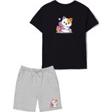 2'li Set Baskılı Kız Çocuk Pamuk Şort Tshirt Takım 5 6 7 8 9 10 11 12 13 14 Yaş Tişört Kedicik Kitty - Siyah - Gri - 11 – 12 Yaş