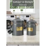 2'Li Set Deterjan Kovası Çamaşır Bulaşık Kutusu Ölçekli Galvaniz Metal Antrasit