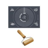 2'Li Set Gri 45X65 Cm Silikon Hamur Açma Matı Ve Pratik Ahşap Saplı Silindir Açıcı