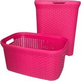 2'li Set Hasır Desenli Plastik Fusya Çamaşır Sepeti & Fusya Çamaşır Selesi - Fuşya