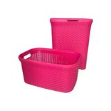 2'li Set Hasır Desenli Plastik Fusya Çamaşır Sepeti & Fusya Çamaşır Selesi