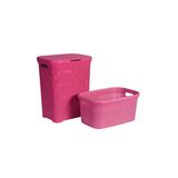 2'li Set Hasır Desenli Plastik Pembe Çamaşır Sepeti & Pembe Çamaşır Selesi