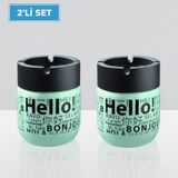 2'li Set Kokusuz Küllük - Dumansız, Rüzgar Önleyici Kapaklı Dekoratif Cam Küllük Hello Baskılı