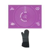 2'Li Set Mor 45X65 Cm Silikon Hamur Açma Matı Ve Gri Yanmaz Mutfak Fırın Eldiveni