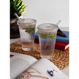 2li Set Pinterest Model Origami Çizgili Mika Kapaklı Cam Pipetli Bardak - Şeffaf - 600 ml