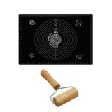2'Li Set Siyah 45X65 Cm Silikon Hamur Açma Matı Ve Pratik Ahşap Saplı Silindir Açıcı