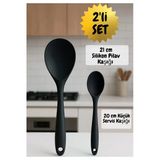 2’Li Siyah Silikon Kaşık Seti - 21 Cm Pilav Kaşığı + 20 Cm Servis Kaşığı