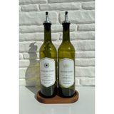 2'li Sızdırmaz Başlıklı 750 ml Hacimli Retro Yeşil Yağdanlık Seti Ahşap Stand Altlık Etiket Hediye