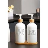 2’li Soft Beyaz Dekoratif Mutfak Banyo Sıvı Cam Sabunluk Seti 500ml Bambu Stantlı Set