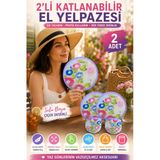 2'li Sulu Boya Çiçek Desenli Katlanabilir El Yelpazesi Kılıflı Yuvarlak Cep Yelpazesi Yazlık Pratik