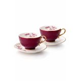 2’li Vintage Porselen Çay Fincanı Tabak Seti Erik Moru Altın Kulplu 250cc Çiçek Desenli 2 kişilik