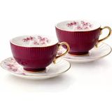 2’li Vintage Porselen Çay Fincanı Tabak Seti Erik Moru Altın Kulplu 250cc Çiçek Desenli 2 kişilik