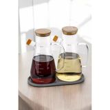 2'li Yağdanlık Bambu Kapaklı Cam Vakumlu Silikon Stantlı Sirkelik Zeytinyağı Şişesi Yağlık 900 ml Set - Şeffaf