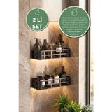 2’li Yapışkanlı Banyo Rafı Şampuanlık Sabunluk Siyah Metal Duş Rafı Organizer Seti