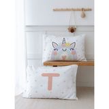 2'li Yastık Kılıfı (35X45) Somon Unicorn - Harf Serisi - T Harfi