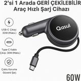 2’si 1 Arada Geri Çekilebilir Kablolu Araç Hızlı Şarj Cihazı – 60W - Renkli