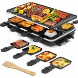 2'si 1 Arada Raclette Izgara, 8 Kişilik Raclette, 1 Ters Çevrilebilir Yapışmaz Izgara Plakası ve 8 Mini Peynirli Raclette Tavası ve 1 Ahşap Spatula ile 1300 W Elektrikli Izgara, - Siyah