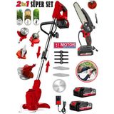 2x Akülü 2'li Şarjlı Zincirli Ağaç Dal Kesme Budama Testeresi Ot Çayır Çim Biçme Tırpan Kesme Makinesi Super 2 Li Set Yağ Pompalı 17 cm Pala Testere Full Set Bataryalı